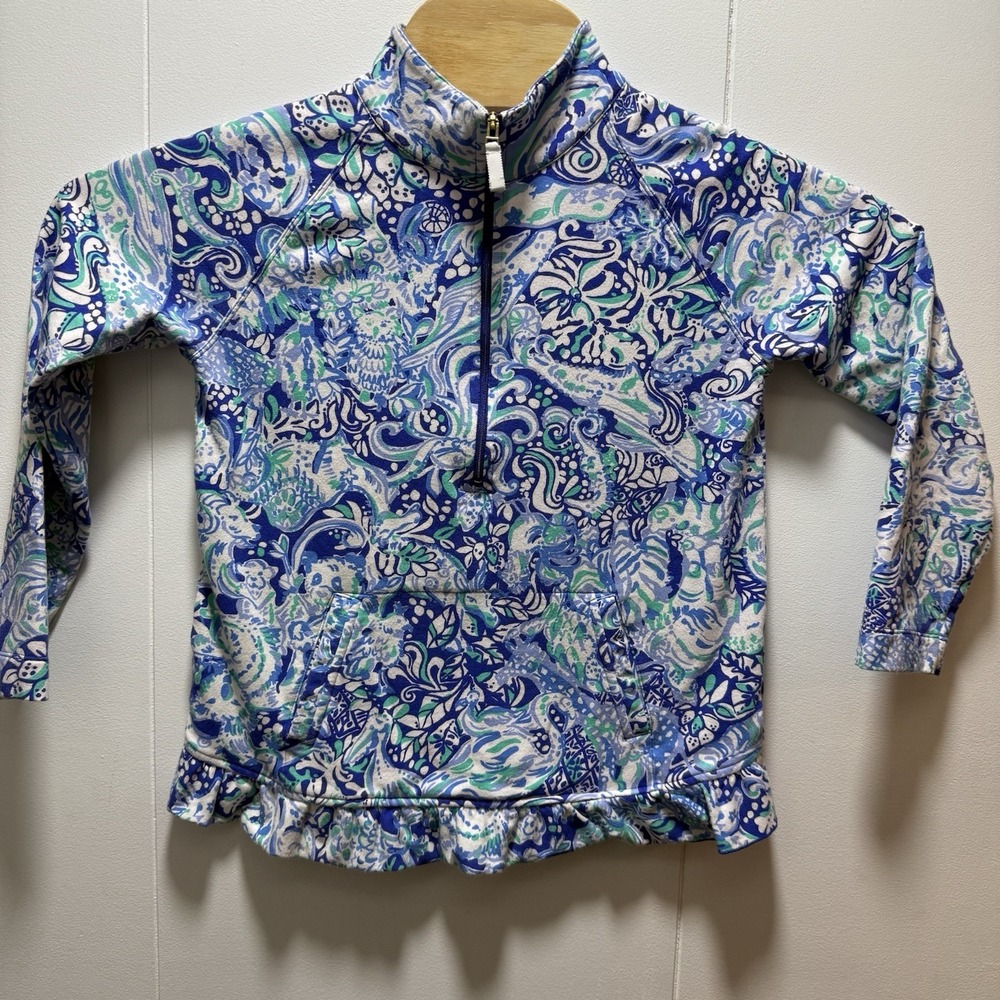 Lilly Pulitzer Girls XL (12-14) Mini Killian Popover Blue Animal Printed 1/4 Zip
